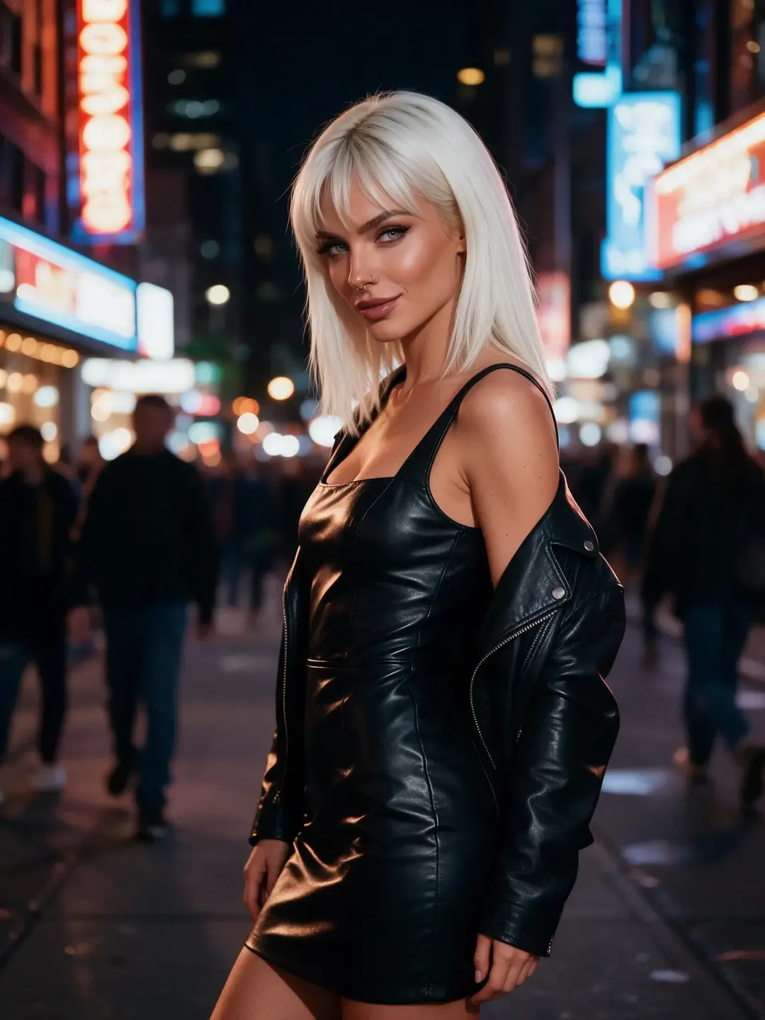 Alba, mujer de pelo platino con vestido negro y chaqueta de cuero en una calle con neones