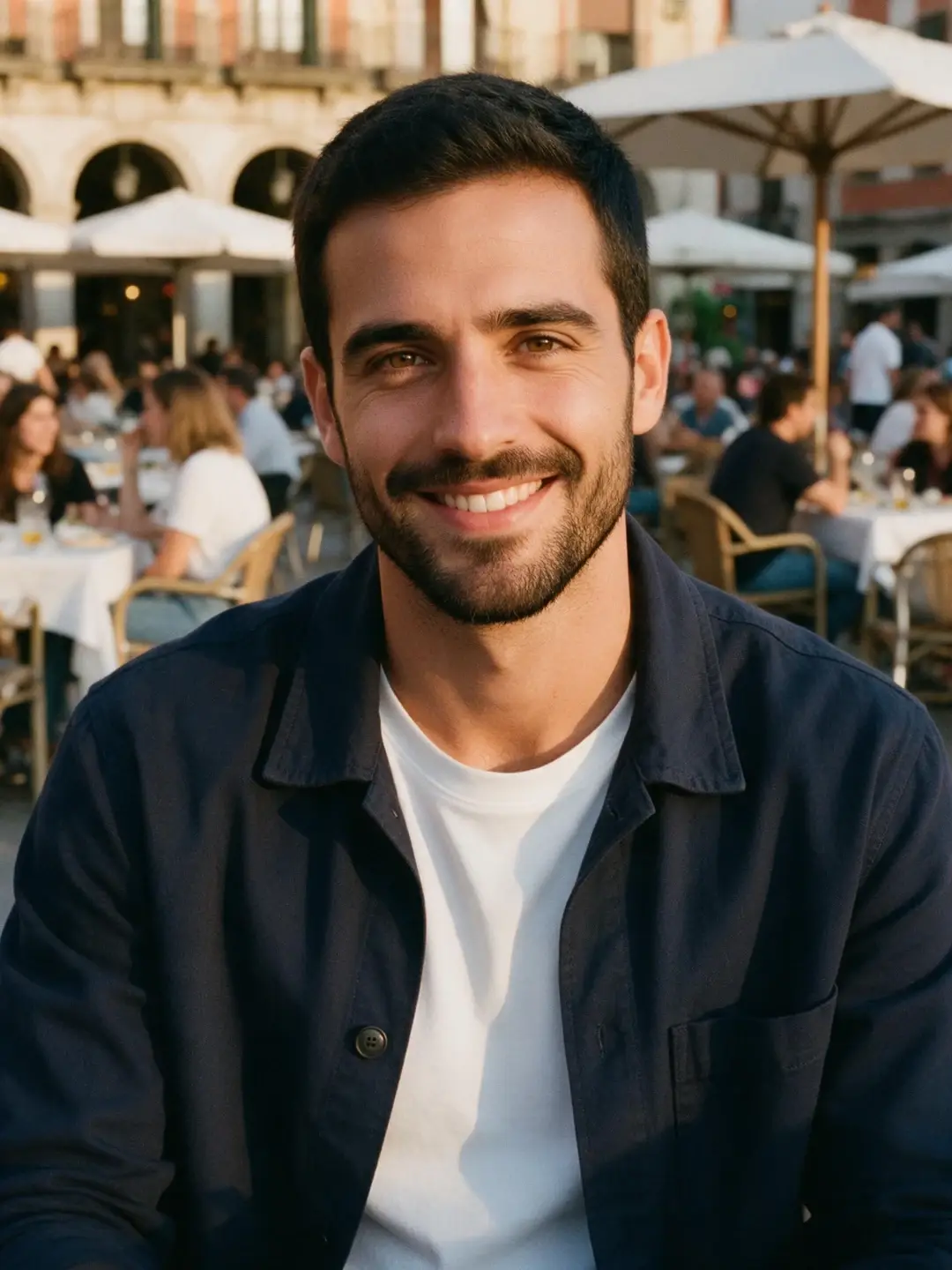 Álvaro, hombre con barba y sobrecamisa azul en la terraza de una plaza