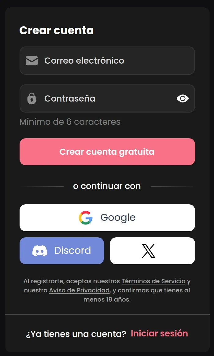 Captura de la pantalla «Crear cuenta» de Candy AI: correo, contraseña y botones de Google, Discord y X