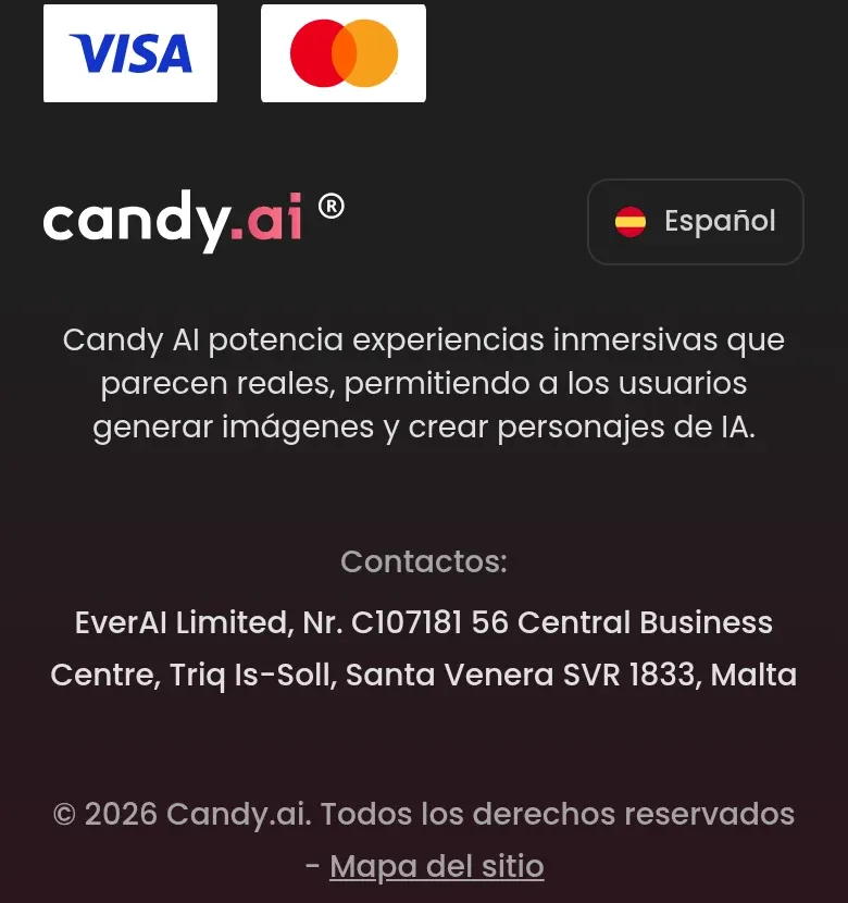 Captura del pie de página de candy.ai con los datos de EverAI Limited en Malta