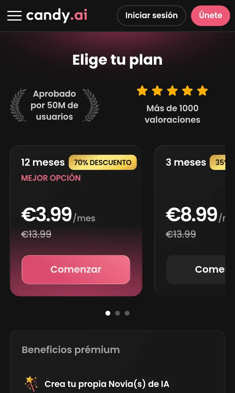 Captura de la página de planes de Candy AI en el móvil con los precios en euros