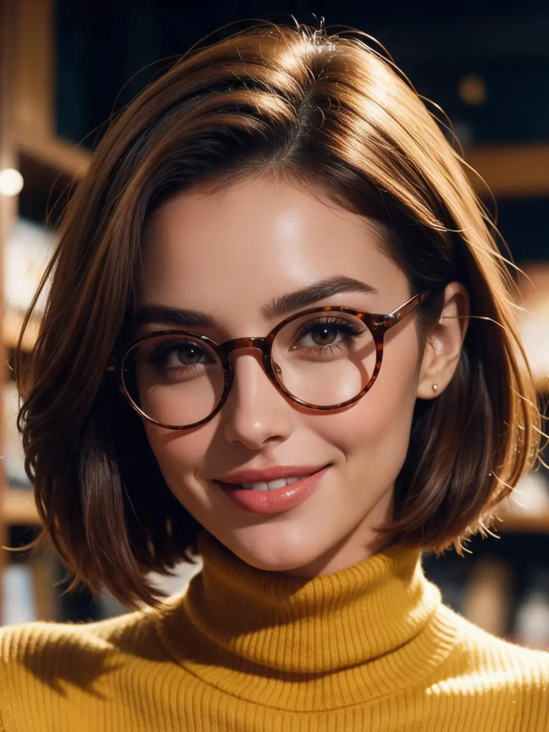 Irene, mujer con media melena y gafas en una librería